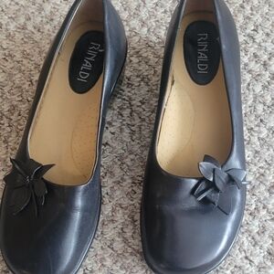 Marina Rinaldi Black Leather Flats with Floral Accent